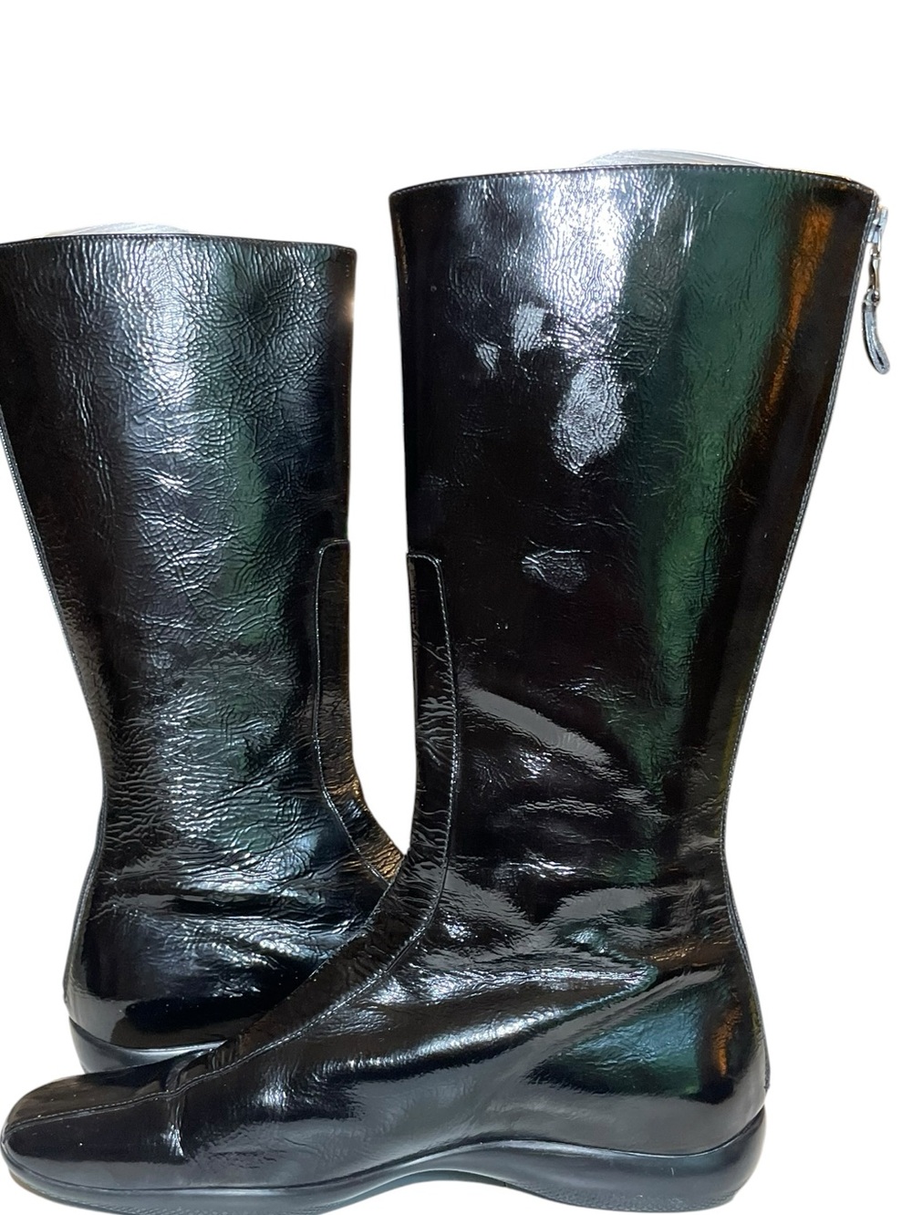 Prada Black Patent Tall Full Back Zip Low Heel Boots Womens Size 39 EU - Picture 15 of 16